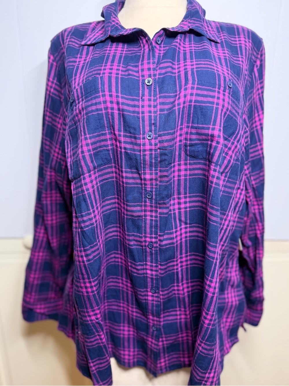 St. John’s Bay Woman 3X Pink Navy Plaid 100% Cotton Button Shirt NWT Lagenlook